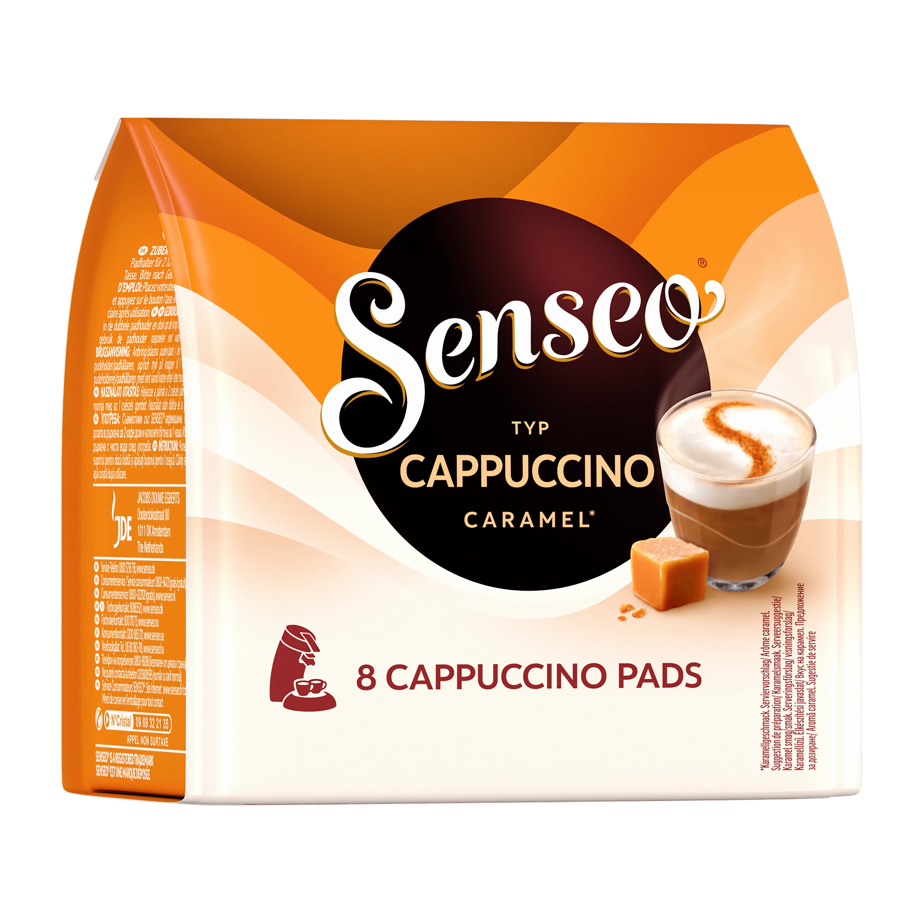 Verpakking van Senseo Cappuccino Caramel cappuccino pads.
