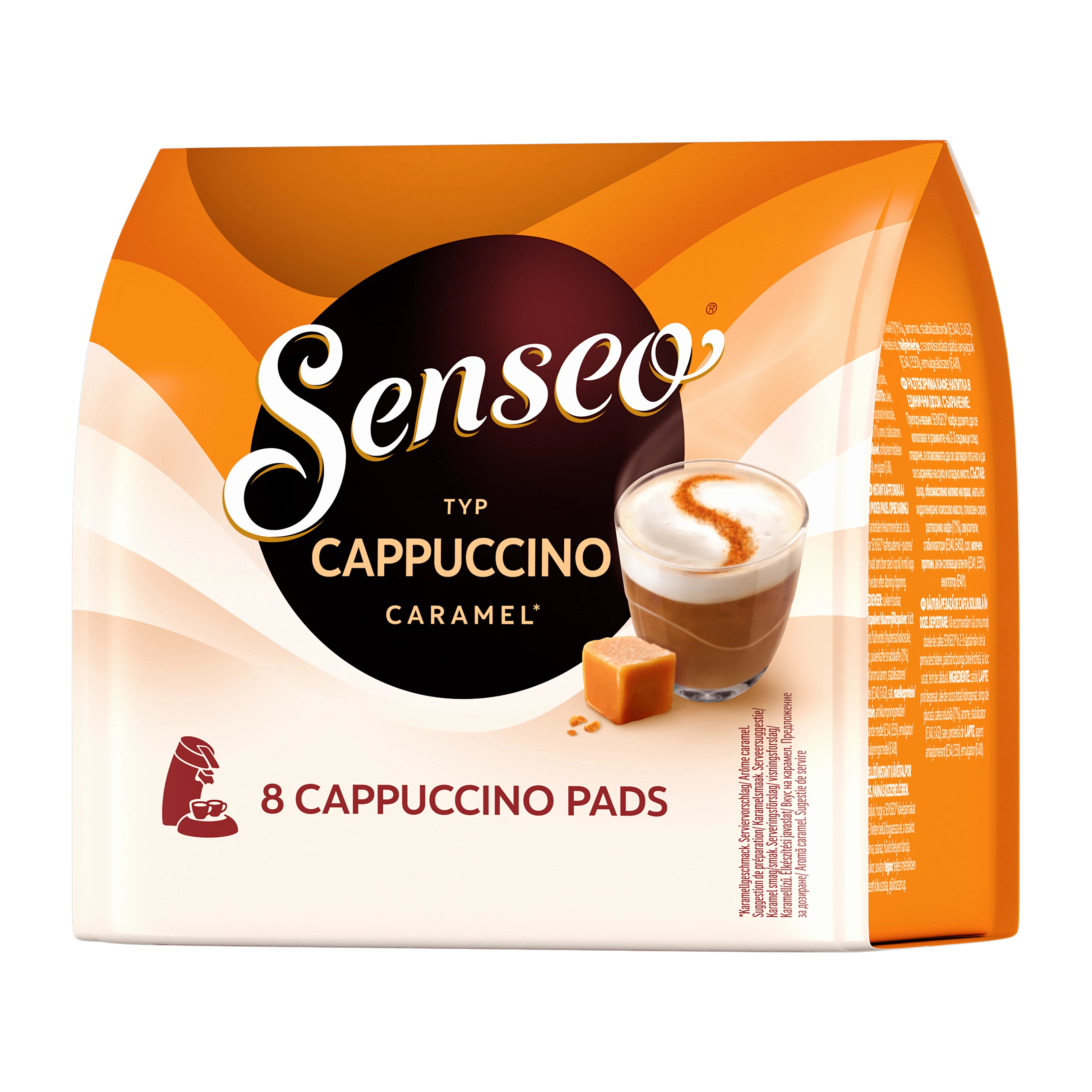 Verpakking van Senseo Cappuccino Caramel cappuccino pads.
