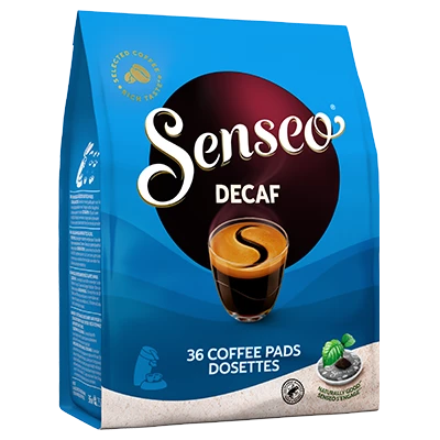 Verpakking van Senseo Decaf koffiepads.