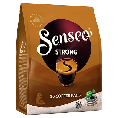 Verpakking van Senseo Strong koffiepads.